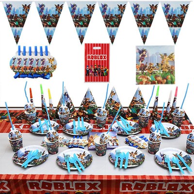 人气Roblox虚拟世界机器人游戏主题生日派对一次性餐具拉旗回礼袋