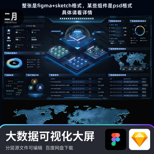大数据可视化大屏中后台数据分析2.5D主视觉figma sketch素材模版
