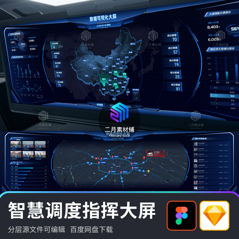 智慧调度指挥大屏数据可视化设计素材现代科技风figma/sketch文件