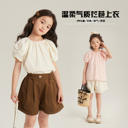 女童短袖衬衫儿童洋气休闲衬衣