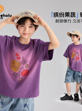布丁哈鲁夏装男童童装洋气上衣2026夏季新款儿童潮酷紫色印花T恤