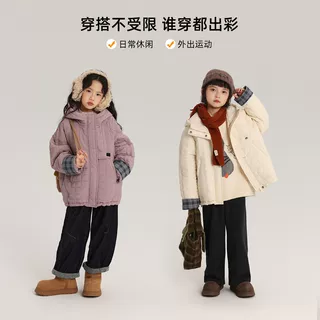 布丁哈鲁冬装童装女童百搭上衣2025秋冬款儿童复古连帽棉服外套