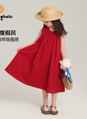 布丁哈鲁童装夏装女童纯棉裙子2026夏新款儿童洋气无袖红色连衣裙