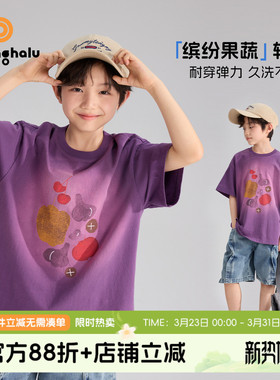 布丁哈鲁夏装男童童装洋气上衣2026夏季新款儿童潮酷紫色印花T恤