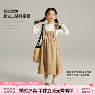 布丁哈鲁春装女童连衣裙2026春秋新款儿童休闲洋气大童工装背带裙