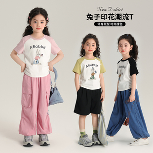 短袖 布丁哈鲁童装 夏装 女童夏季 儿童休闲拼色圆领T恤 2026新款