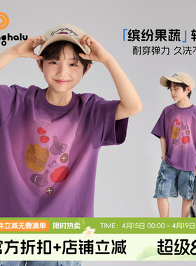 布丁哈鲁夏装男童童装洋气上衣2026夏季新款儿童潮酷紫色印花T恤