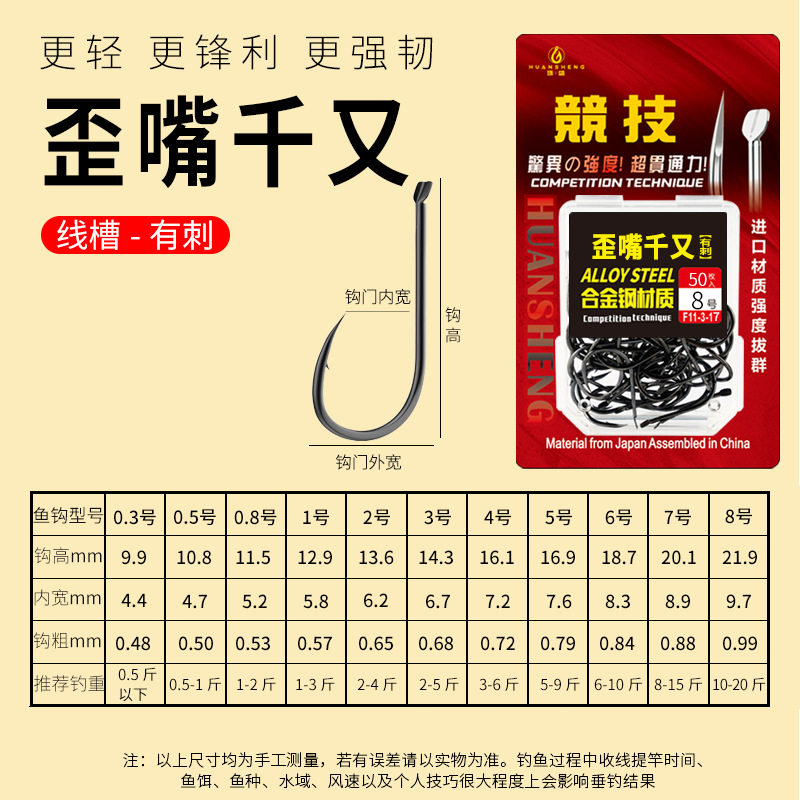 精品歪嘴千又鱼钩散装正品细条平打加强日本进口大物钩筏钓鲢鳙钩