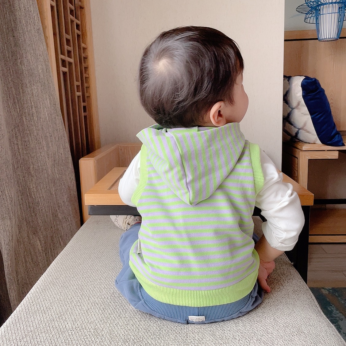 春秋款男宝宝条纹休闲马甲两件套装纯棉儿童长袖打底上衣婴童外穿