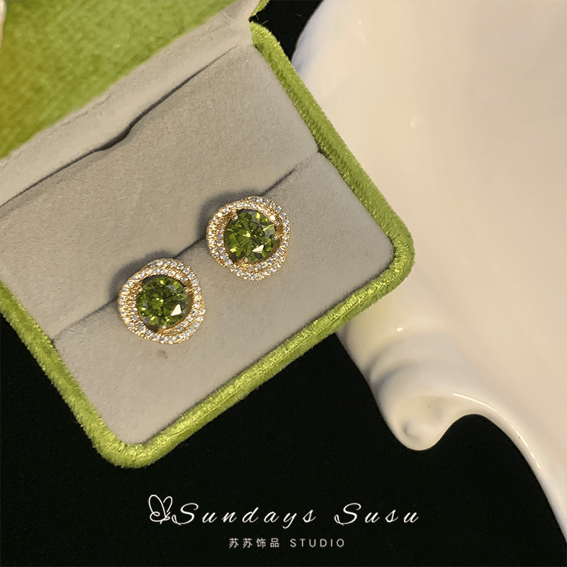 「莱茵河畔」法式优雅复古高级感闪耀宴会锆石橄榄绿耳钉/耳夹女,饰品/流行首饰/时尚饰品新,耳钉,淘宝优惠券,粉丝福利购,淘宝优惠卷