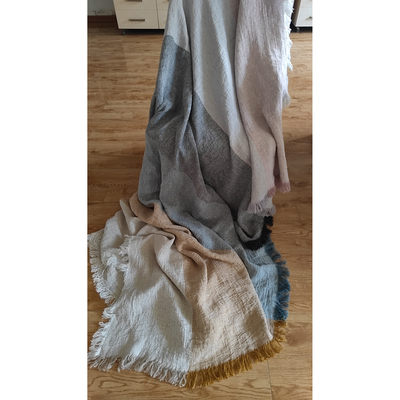 高端轻奢系列法国诺曼底进口100%亚麻彩虹条纹色织毯流苏毯子盖毯