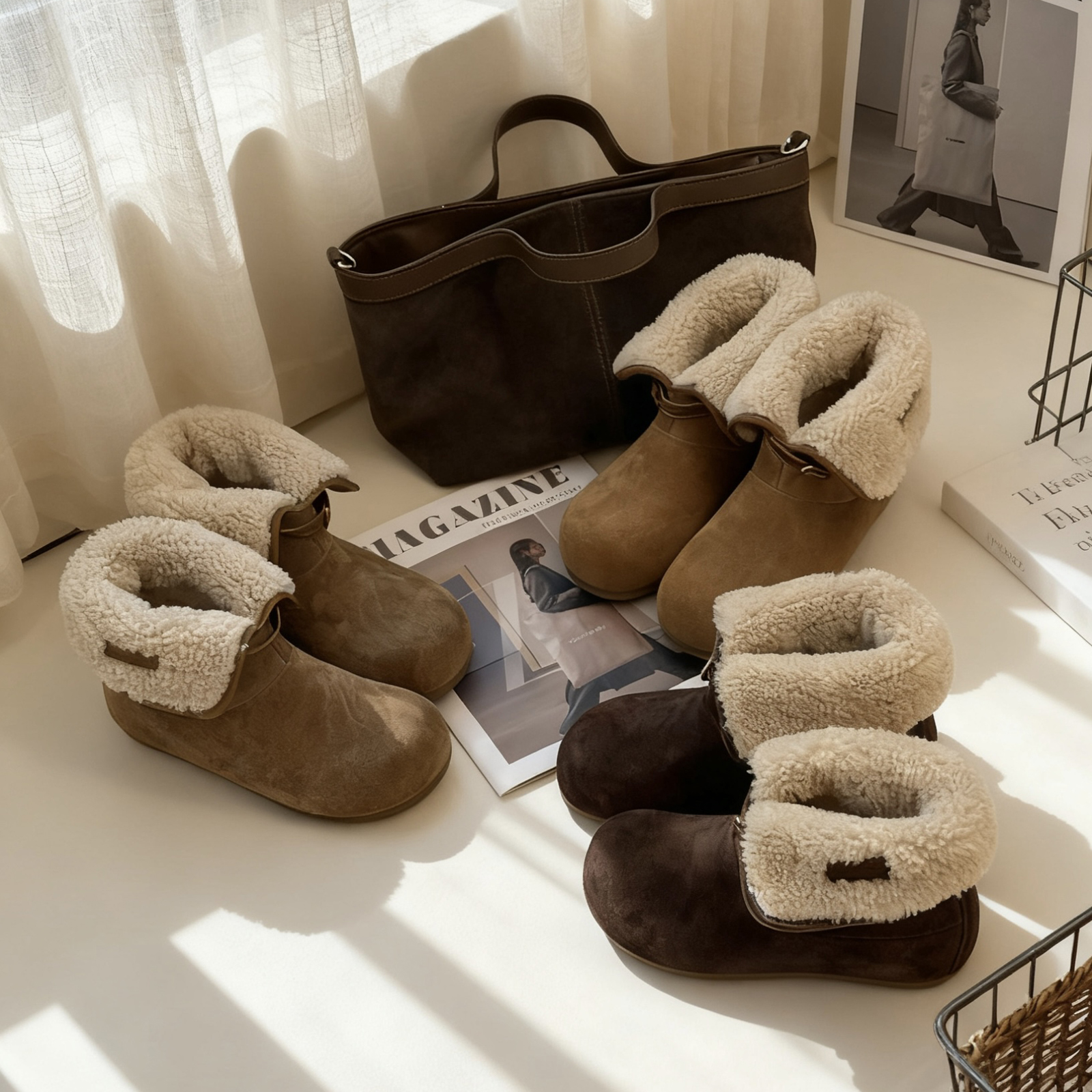 实体同款！2025新款翻边牛反绒雪地靴冬季加厚保暖短靴毛毛两穿鞋