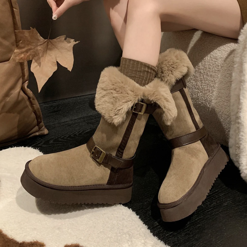 实体同款！毛绒雪地靴女2025冬季新款加厚保暖中筒皮带扣棉靴
