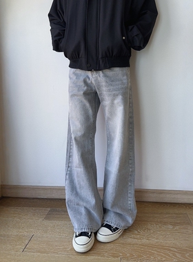 17DUP 美式复古水洗猫须牛仔裤宽松通勤百搭雾霾灰直筒长裤子