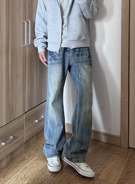 17DUP 美式高街cleanfit微喇牛仔裤男宽松闪电猫须直筒长裤