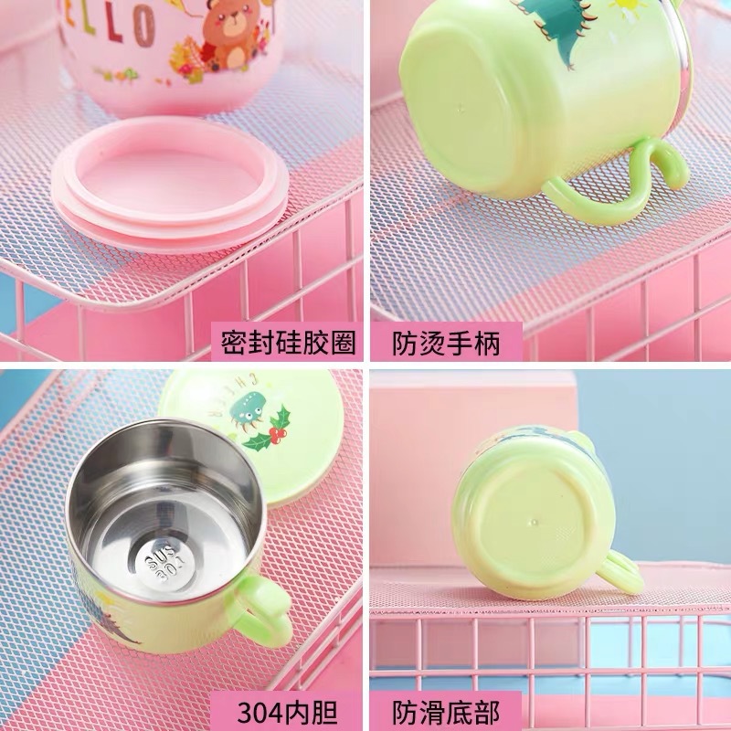 304不锈钢儿童水杯 卡通创意双层隔热防烫带盖带手柄 幼儿园口杯