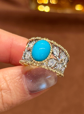 有生珠宝美国原矿睡美人绿松石戒指复古布契拉提灯18k双色金戒指