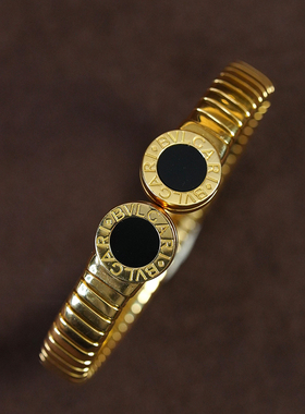 有生珠宝经典弹簧vintage系列双饼黑玛瑙开口手镯18k重金复古手镯