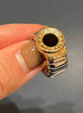 有生珠宝经典百搭vintage黑玛瑙弹簧戒指18k金钢宽版戒指