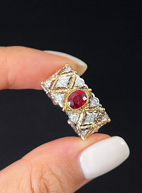 【无烧红宝石戒指】布契拉提风无烧鸽血红宝石戒指 18k金复古拉丝