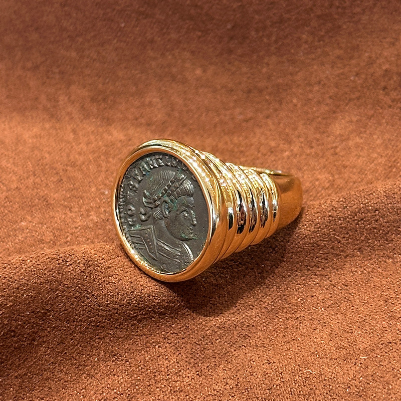 有生珠宝古罗马时期罗马国王铜币戒指18k金螺纹设计复古戒指