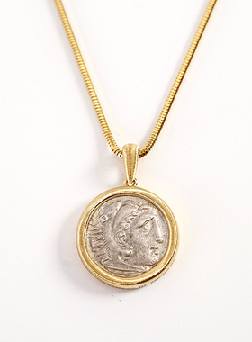 有生珠宝经典大力神古币吊坠磨砂拉丝18k金一德古币万能扣吊坠