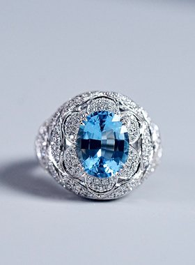 【圣玛利亚色】精品天然海蓝宝钻石戒指18k白厚金超精致设计戒指