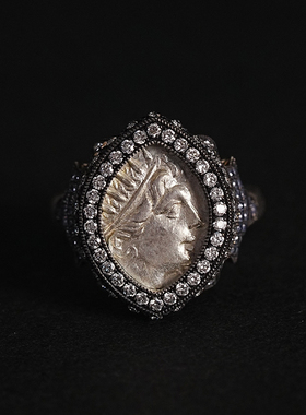 有生珠宝古希腊时期太阳神赫利俄斯古币戒指925银设计款古币戒指