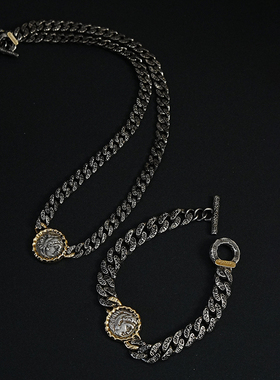 有生珠宝古希腊时期经典男士黑银大力神古币酷飒风古币手链项链