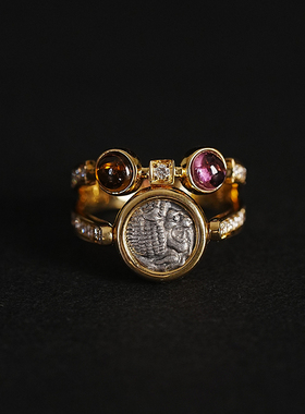 【已出欣赏】珠宝感拉满古希腊银币咆哮狮碧玺戒指18k厚金戒指