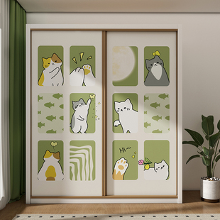 可爱小猫儿童衣柜贴纸柜子柜门推拉门移门翻新改造墙纸自粘壁纸