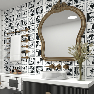 浴室防水贴纸卫生间墙贴黑白动漫墙纸漫画米奇壁纸卡通瓷砖贴自粘