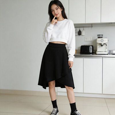 黑色韩版不规则高腰中长半身裙