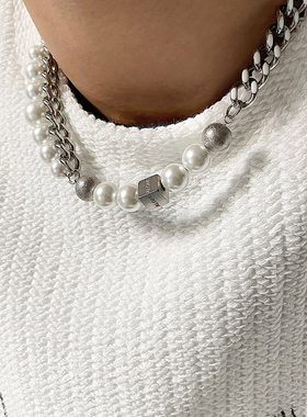 SAZ ALONE 小众潮流古巴珍珠项链男女双层拼接设计锁骨链嘻哈配饰