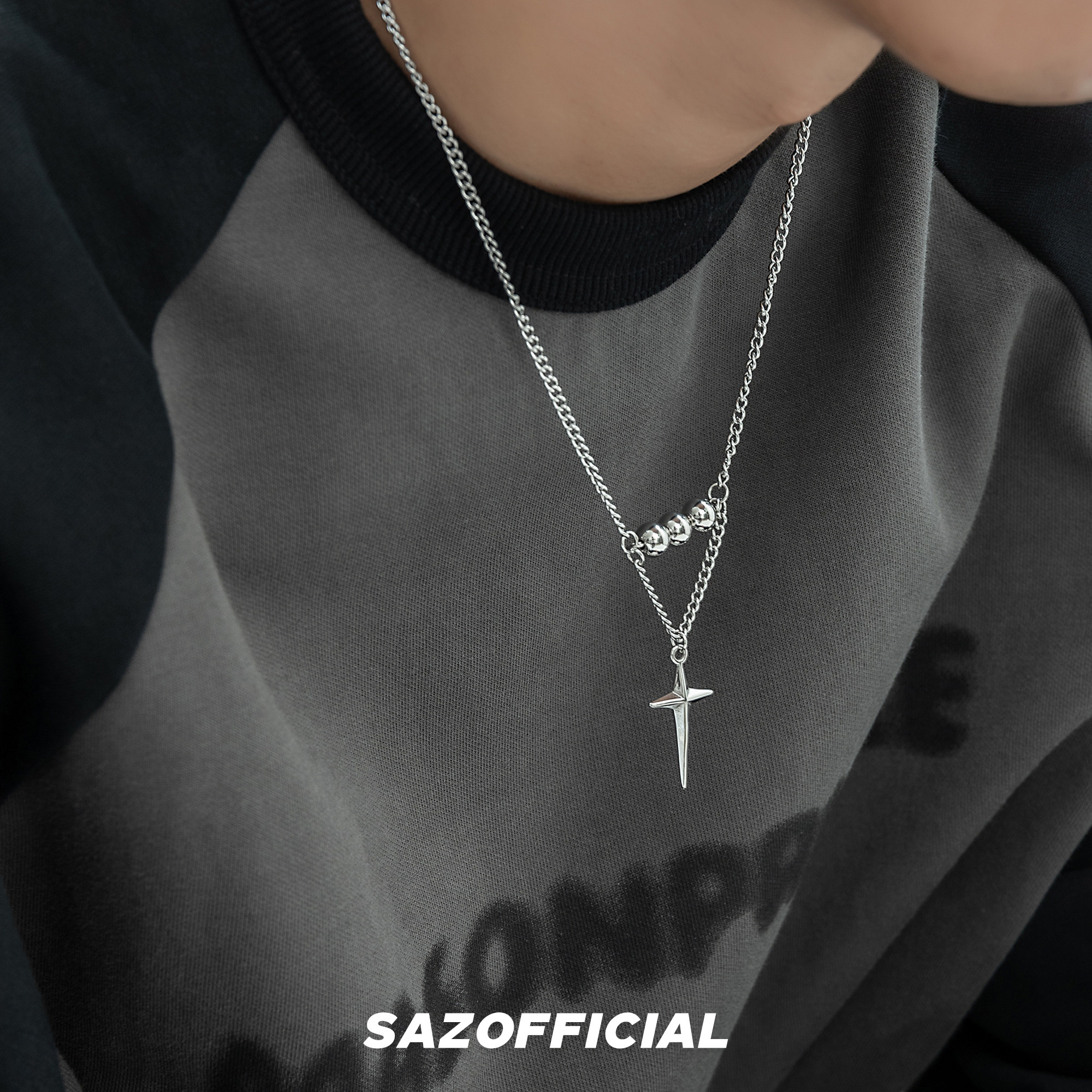 saz 十字星芒吊坠项链韩国ins网红小众设计简约毛衣链男女配饰潮