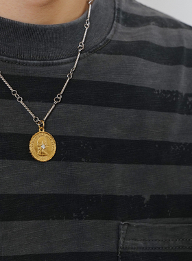 SAZ 日潮vintage复古人像镶钻圆牌通勤风钛钢吊坠项链男女款配饰