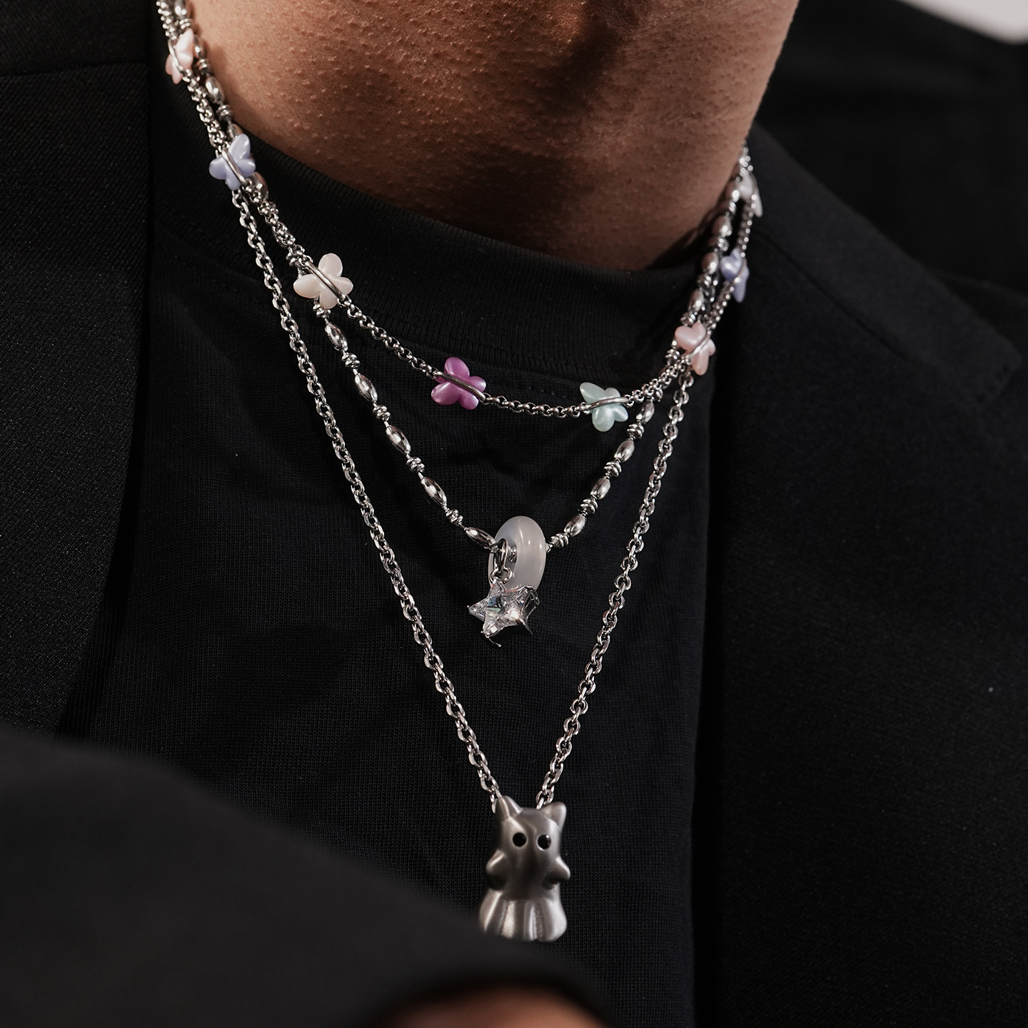 SAZ 个性多层叠戴项链女蝴蝶小幽灵吊坠金属链条潮流配饰毛衣链男