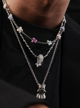 SAZ 个性多层叠戴项链女蝴蝶小幽灵吊坠金属链条潮流配饰毛衣链男