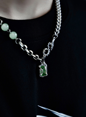 SAZ 酷潮新中式方钻玉石绿吊坠拼接链国风小众高级感招财男女项链