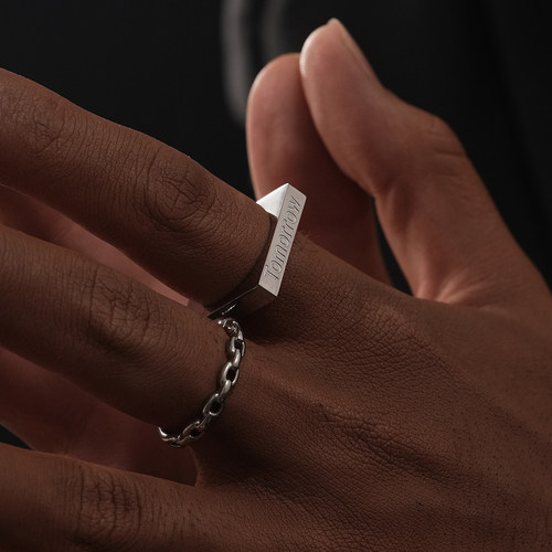 高级感金属银色实心方圆戒指男女