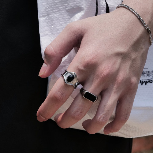 暗黑复古椭圆黑玛瑙男女锆石戒指