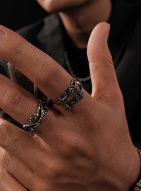 暗黑复古银藤曼玫瑰花朵开口戒指