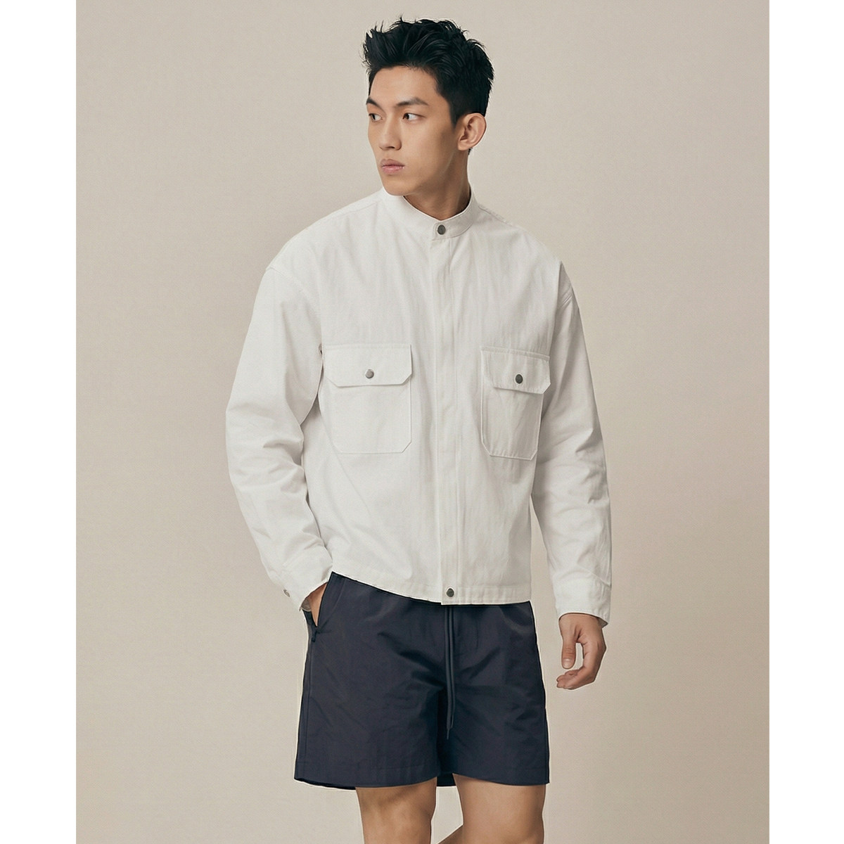 男士衬衫2026新款春秋白色立领夹克衬衫宽松痞帅休闲工装外套长袖