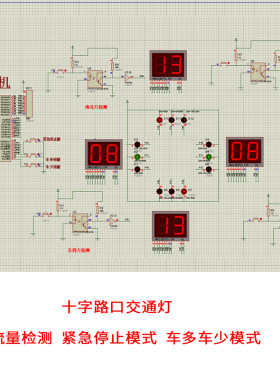 51单片机智能交通灯带车流量检测控制系统设计proteus仿真+C程序