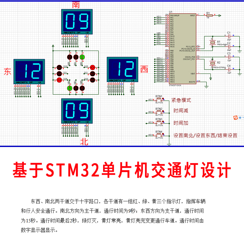 基于STM32单片机十字路口交通灯控制系统仿真设计Proteus可改时间
