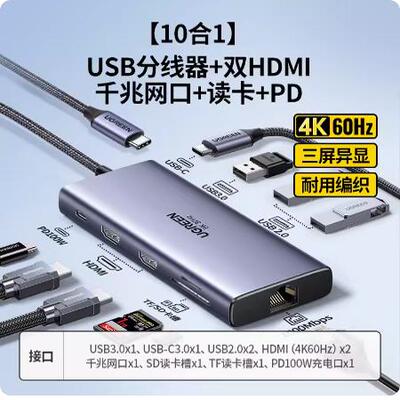Ugreen绿联CM639 typec扩展坞拓展双HDMI高清投屏4K三屏异显15534