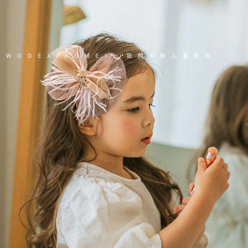 我的小妹女孩羽毛发卡子轻纱公主侧边鸭夹顶夹女童蝴蝶结发夹头饰