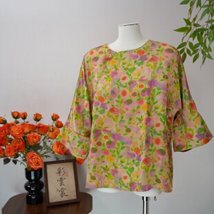 彩云裳—新中式复古圆领T恤七分袖宽松百搭新款女装上衣58064