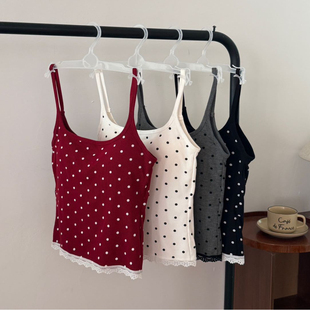 秋冬磨毛保暖吊带背心带胸垫少女风波点蕾丝上衣红色加绒内衣707