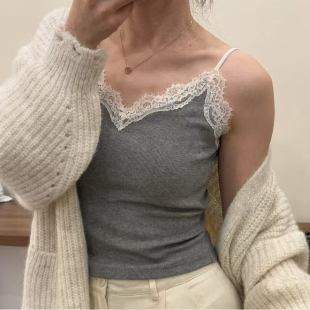 高质量撞色蕾丝花边吊带背心带胸垫肩带可调节纯欲内搭3980